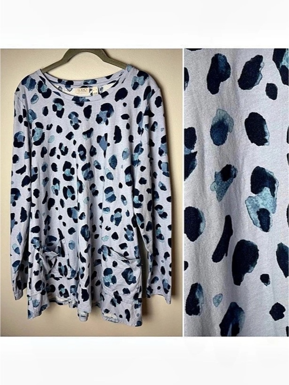LOGO Lori Goldstein Tunic Top Size XL Cotton Modal Blues Leopard Pockets Soft